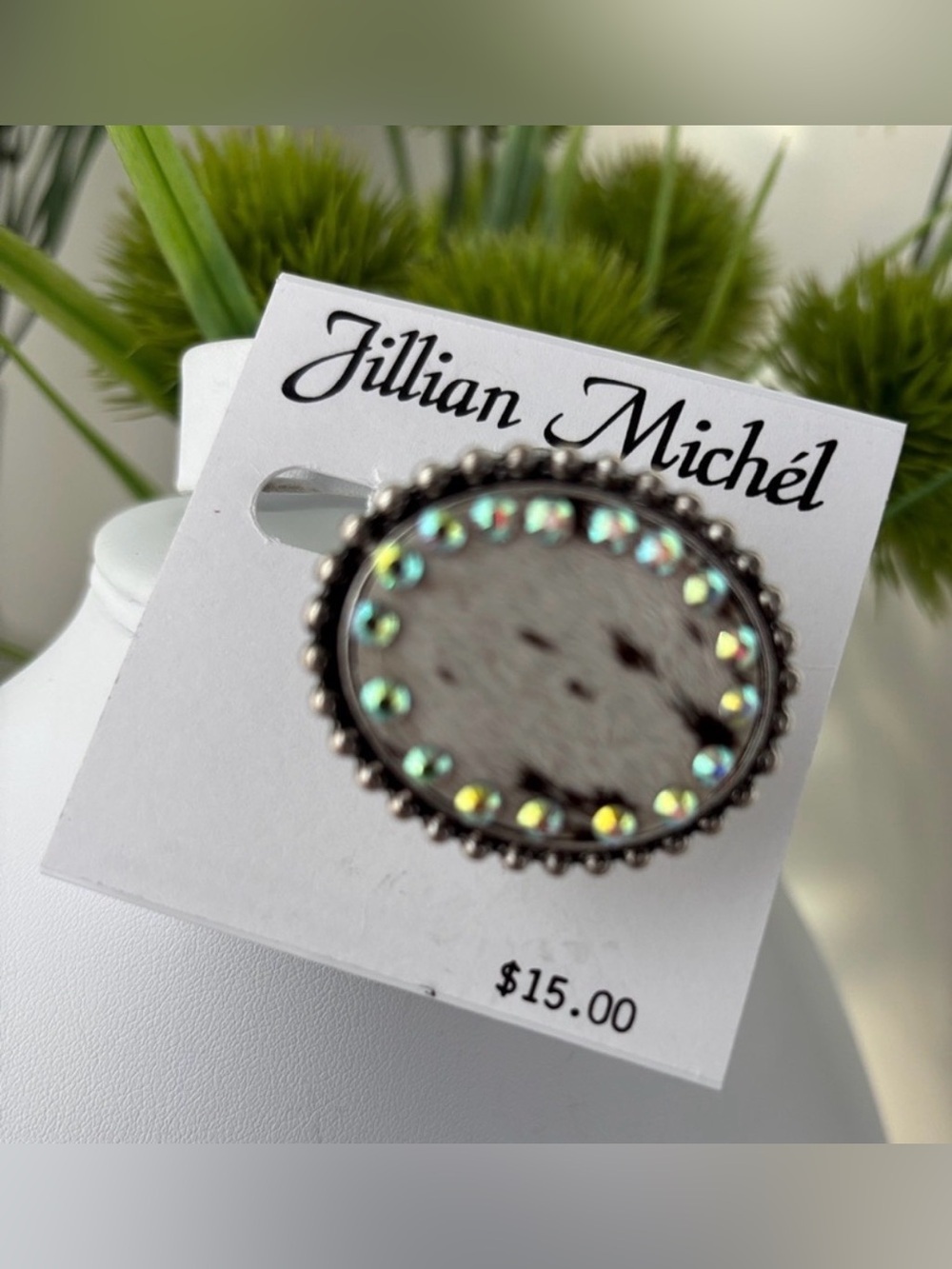 Jillian Michel Silvertone oval hair hide look,clear beveled rhinestones,stretch